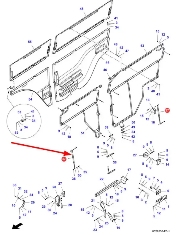 Oryginalny siłownik gazowy osłony bocznej 1300N, stosowany w kombajnach Massey Ferguson. schemat.