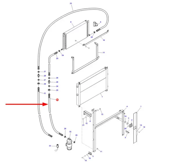 Oryginalny przewód gumowy chłodzenia oleju, stosowany w kombajnach zbożowych marek Challenger, Fendt i Massey Ferguson schemat