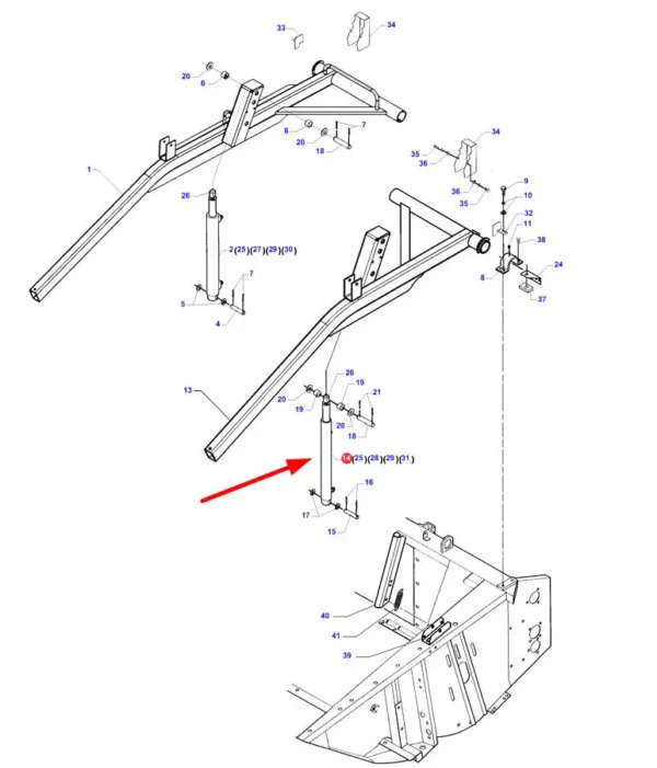 Oryginalny siłownik hydrauliczny nagarniacza hederu o numerze D45100067, stosowany w kombjnach zbożowych marki Massey Ferguson i Fendt.