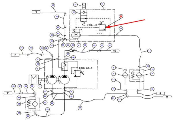 Oryginalny zawór ciśnienia pompy hydraulicznej o numerze katalogowym D45110063, stosowany ciągnikach rolniczych marki Massey Ferguson schemat.