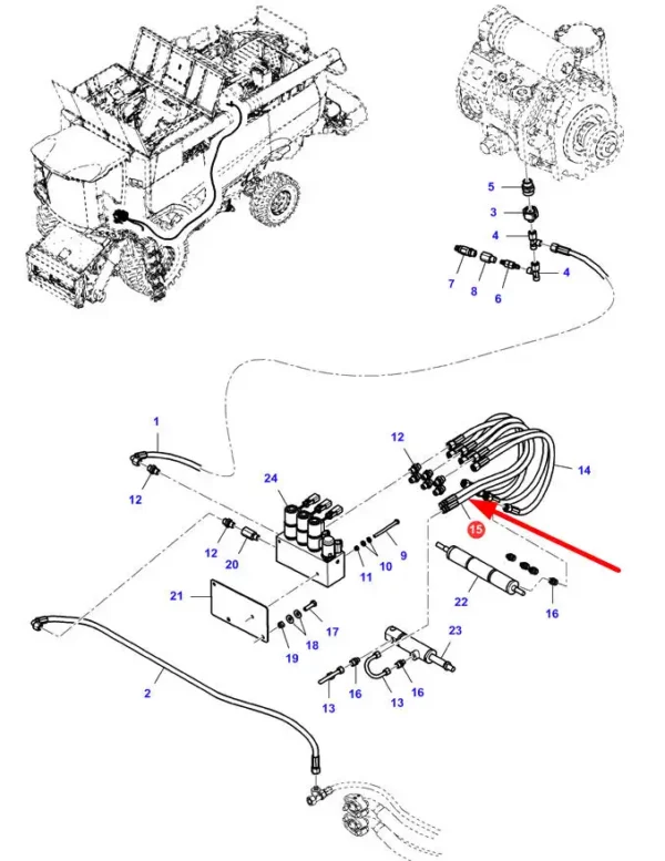 Oryginalny przewód hydrauliczny skrzyni biegów,stosowany w maszynach rolniczych marki Massey Ferguson,Challenger,Fendt schemat.