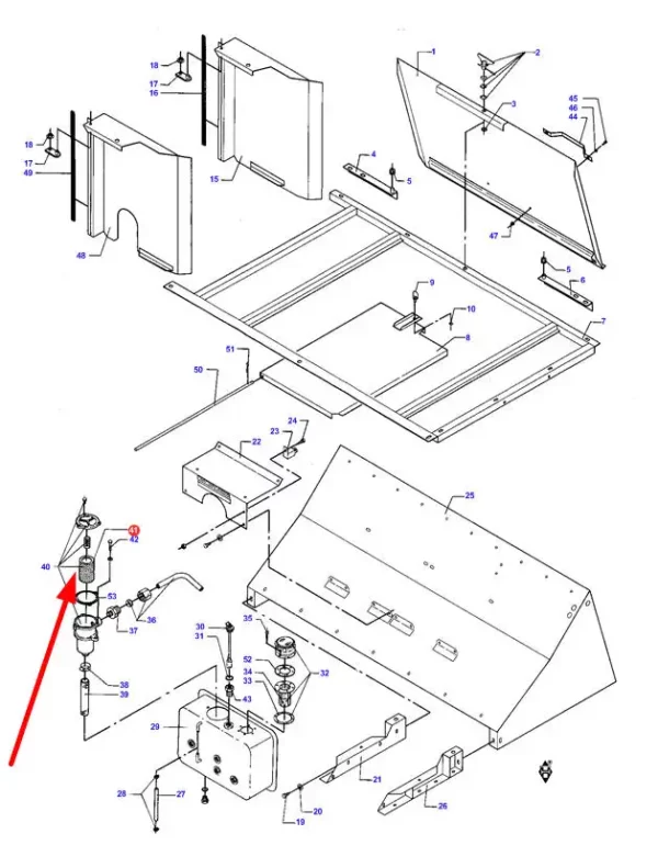 Oryginalny filtr oleju hydrauliki wkład o numerze katalogowym D45145300, stosowany w kombajnach zbożowych marki Massey Ferguson schemat.