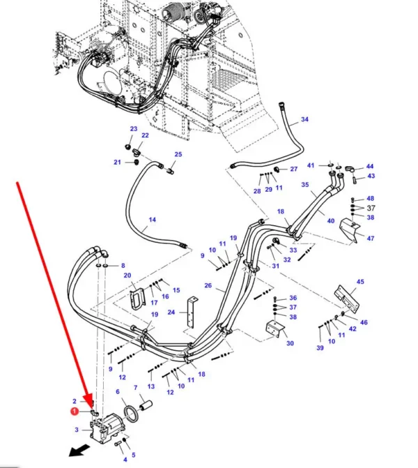 Oryginalny kołnierz mocujący węża hydraulicznego pompy o numerze katalogowym D45160800, stosowany w kombajnach zbożowych marki Massey Ferguson, Fendt, Challenger schemat.