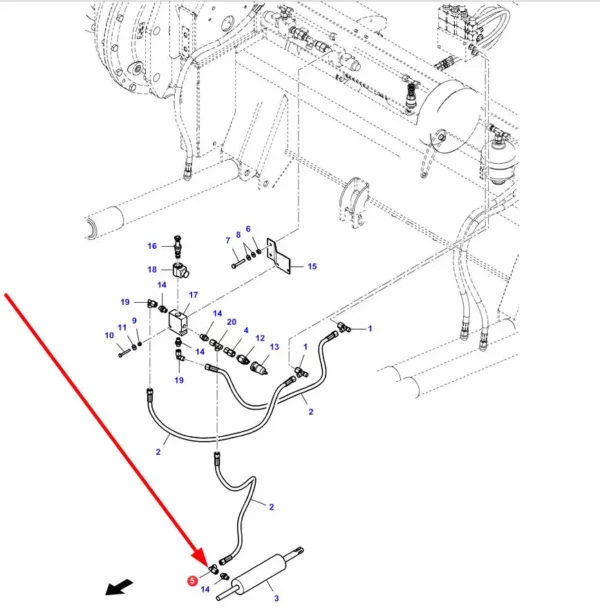 Oryginalna złączka hydrauliczna o kącie 90 stopni i numerze katalogowym D45263900, szeroko stosowana w kombajnach zbożowych marek Massey Ferguson, Fendt, Challenger schemat.