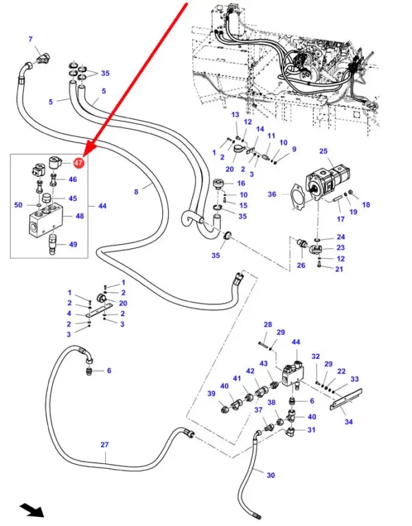 Oryginalna cewka zaworu pompy hydraulicznej o numerze katalogowym D46150538, stosowana w kombajnach zbożowych marek Massey Ferguson, Fendt, Challenger schemat.