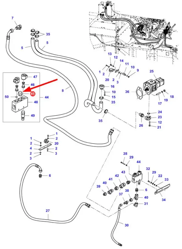 Oryginalny zawór hydrauliczny o nr. katalogowym D46150539, stosowany w kombajnach zbożowych marki Fendt, Challenger oraz Massey Ferguson schemat.