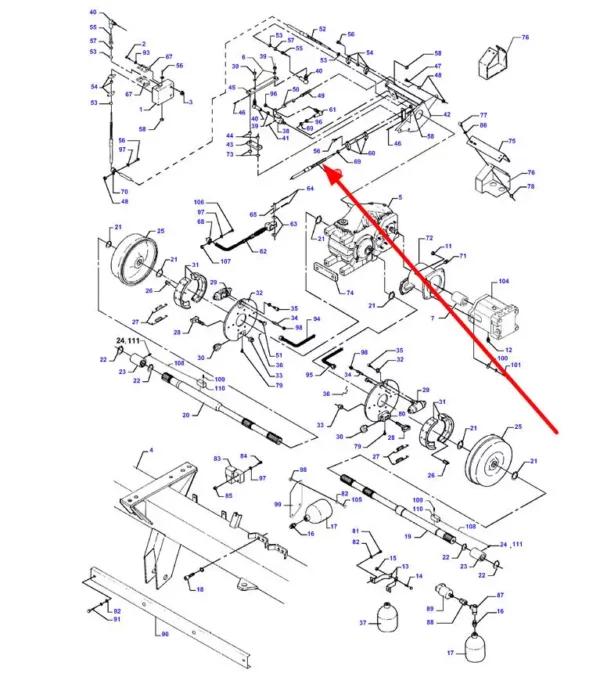 Oryginalna linka hamulca ręcznego o numerze katalogowym D46439400, stosowana w kombajnach zbożowych marek Massey Ferguson, Fendt, Challenger schemat.