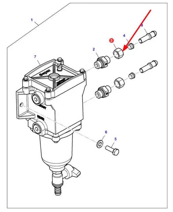 Oryginalny łącznik filtra paliwa o numerze katalogowym D46446000, stosowany w kombajnach zbożowych marki Massey Ferguson oraz Bytyń schemat.