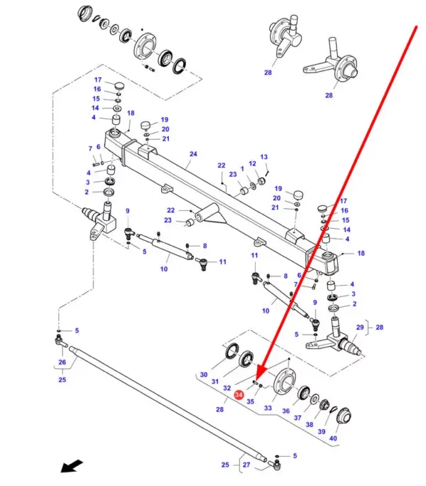 Oryginalna śruba mocowania felgi na piaście o wymiarach M18 x 60 i numerze katalogowym D46728200, stosowana w kombajnach zbożowych marek Massey Ferguson, Fendt, Challenger schemat.