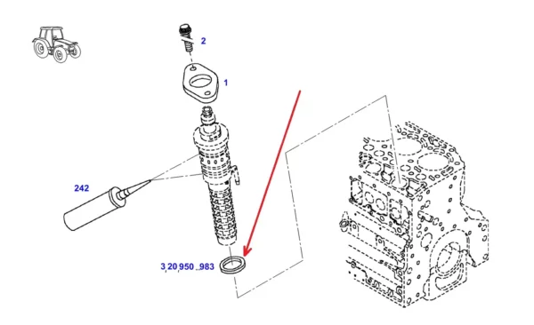 Oryginalna podkładka dystansowa wtryskiwacza o szerokości 2,1 mm i numerze katalogowym F119200710290, stosowana w ciągnikach rolniczych marki Fendt. schemat