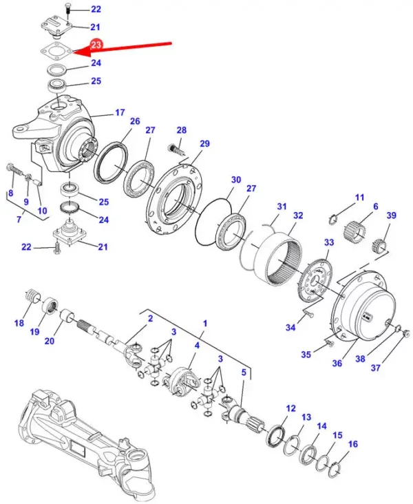 Oryginalna podkładka napędu przedniej osi o wymiarze 0,2 mm, numerze katalogowym F334310020400, stosowana w ciągnikach rolniczych marki Massey Ferguson schemat.