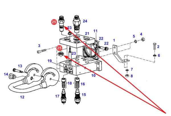 Oryginalne złącze hydrauliczne o numerze katalogowym F524893580080, stosowane w ciągnikach rolniczych marki Fendt, Massey Ferguson schemat.