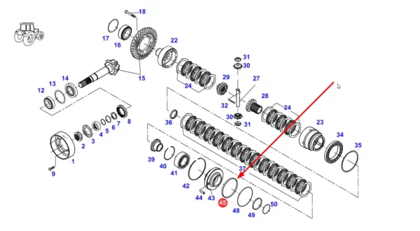 Oryginalny pierścień uszczelniający oring w koszu sprzęgłowym o numerze katalogowym F718301020210, stosowany w ciągnikach rolniczych marki Massey Ferguson i Fendt. schemat