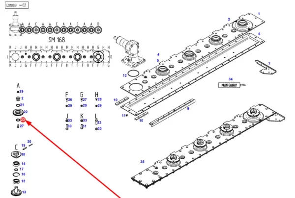 Oryginalna podkładka uszczelniająca o wymiarach 39,5 x 49 x 5 i numerze katalogowym FEL171646, stosowana w kosiarkach marek Fella, Massey Ferguson oraz Fendt schemat.