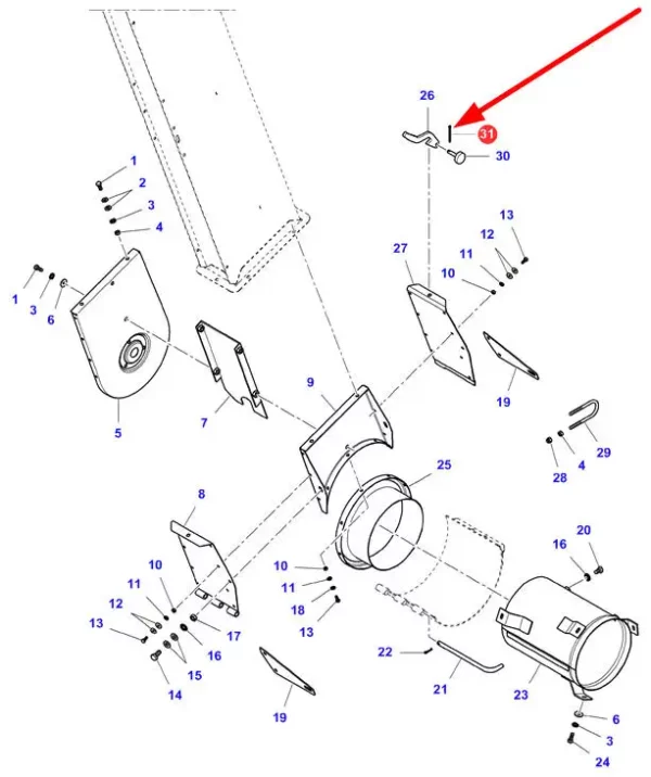 Oryginalna zawleczka o wymiarach R2 x 22 mm, nr. katalogowym LA10734401, stosowana w kombajnach zbożowych marki Fendt, Challenger, Laverda oraz Massey Ferguson schemat