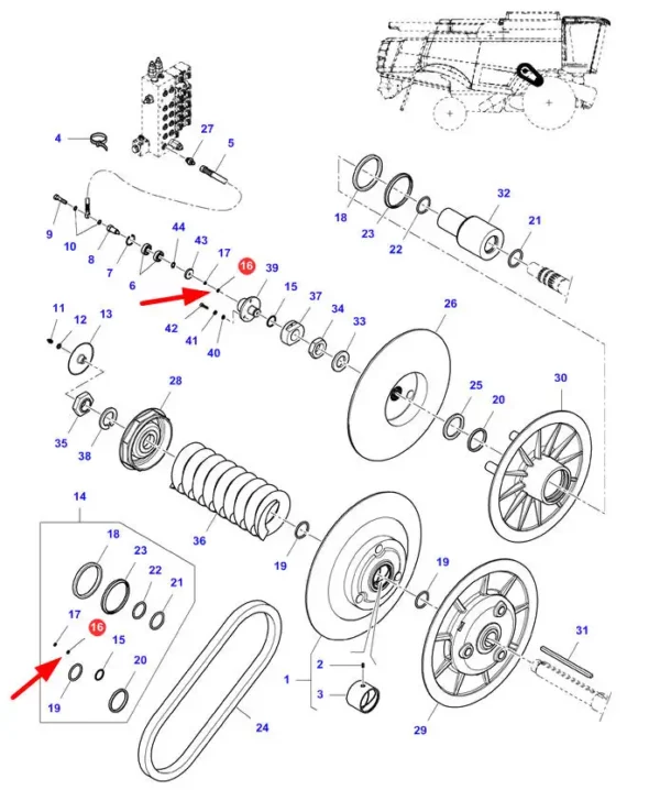 Oryginalny pierścień uszczelniający oring cylindra wariatora o wymiarach 1,78 x 7,66 i numerze katalogowym LA14452881, stosowany w kombajnach zbożowych marek Challanger, Fendt, Laverda i Massey Ferguson schemat.