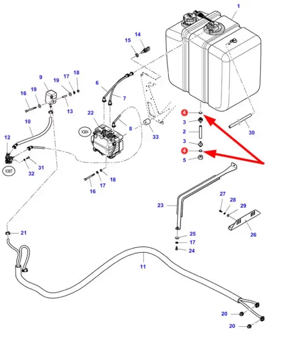 Oryginalny pierścień oring systemu Adblue stosowany w maszynach rolniczych marki Massey Ferguson, Challenger, Fendt,Laverda schemat.