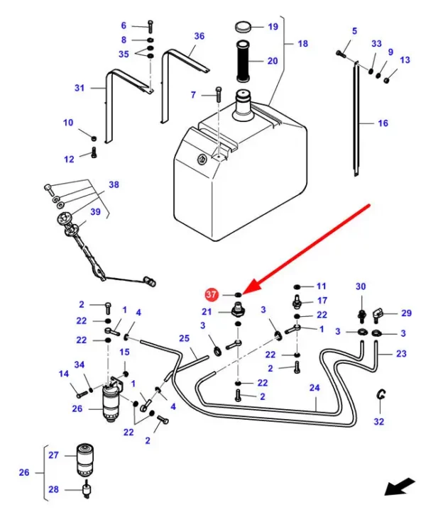 Oryginalny pierścień oring zbiornika paliwa o wymiarach R37,69 x 3,53 mm i numerze katalogowym LA14464081, stosowany w kombajnach zbożowych marek Challenger, Fendt, Laverda oraz Massey Ferguson schemat.