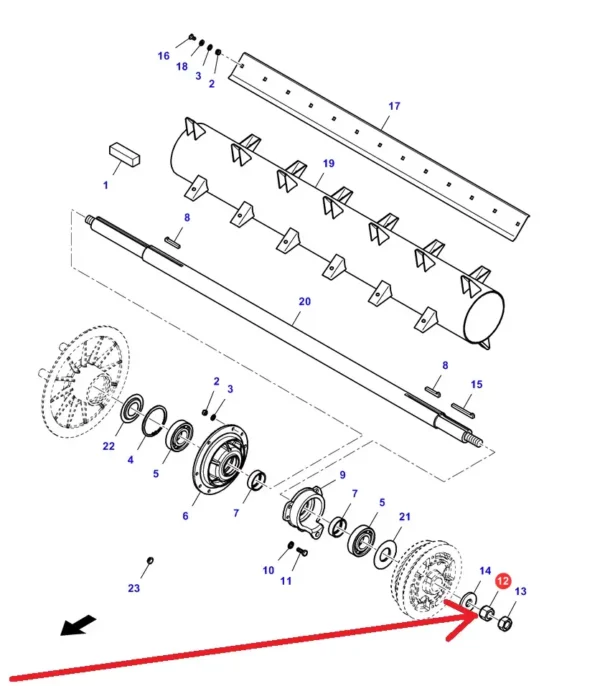 Oryginalna nakrętka mocowania koła pasowego o wymiarze M30 i numerze katalogowym LA15500511, stosowana w kombajnach zbożowych marek Massey Ferguson, Fendt, Challenger schemat.
