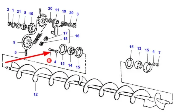 Śruba o wymiarach M8 x 12 mm, klasy 8.8, do mocowania ślimaka transportującego ziarno, stosowawana w kombajnach zbożowych marki: Challenger, Laverda, Fendt oraz Massey Ferguson schemat.
