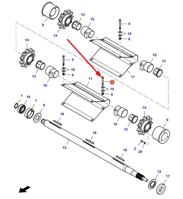 Oryginalna śruba osłony elewatora ziarna o wymiarach M8 x 70 mm i numerze katalogowym LA16044631, stosowana w kombajnach zbożowych marek Challenger, Fendt oraz Massey Ferguson schemat.