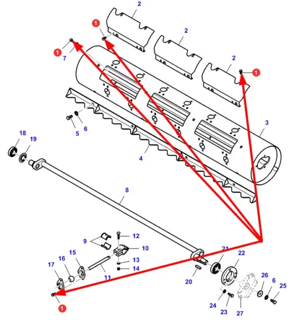 Oryginalna śruba o wymiarach M8 x 20 CL 8 - 8 i numerze katalogowym LA16287121, stosowany w kombajnach zbożowych marki Fendt, Massey Ferguson oraz Challenger schemat