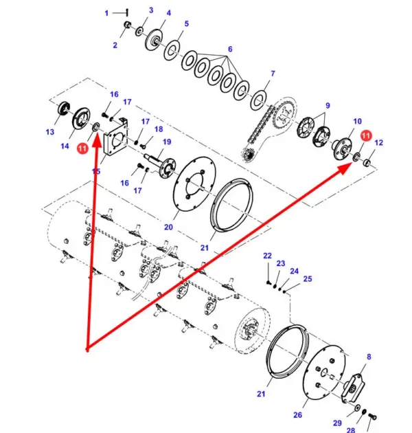 Oryginalna podkładka walca elewatora o wymiarach R30,5-48 X 4mm i numerze katalogowym LA300019999, stosowana w kombajanch zbożowych marek Challenger, Fendt, Laverda oraz Massey Ferguson schemat.