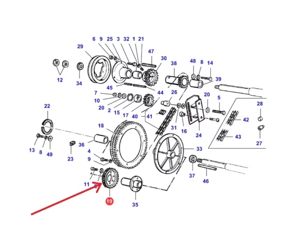 Oryginalne koło zębate o 36 zębach i numerze katalogowym LA300117384, stosowane w kombajnach zbożowych marek Massey Ferguson, Fendt i Challenger. schemat