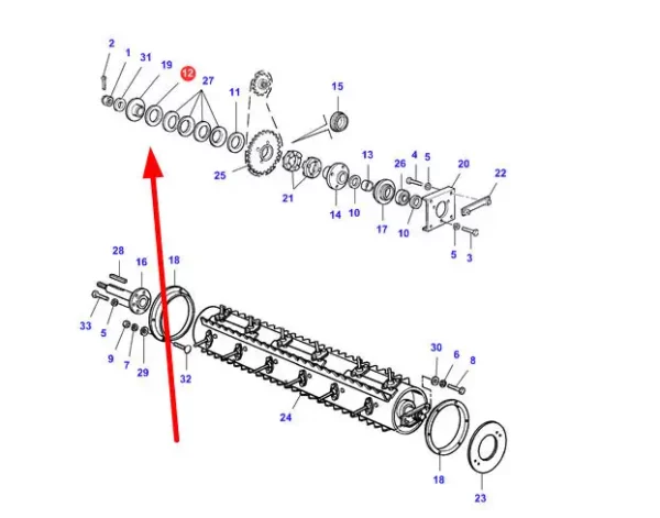 Oryginalna podkładka 57-115 x 2mm o numerze katalogowym LA300120563, stosowana w kombajnach zbożowych marki Massey Ferguson, Laverda i Challenger schemat