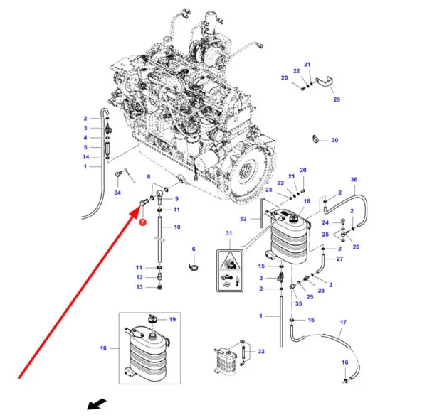 Oryginalna śruba przelewowa M22 układu paliwowego o numerze katalogowym LA300128295, stosowana w kombajnach zbożowych marki Massey Ferguson, Fendt, Challenger, Laverda schemat.