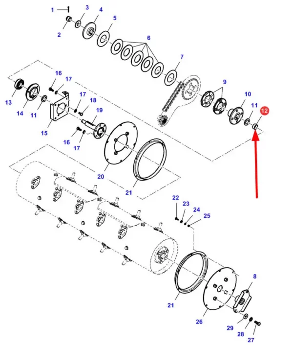 Oryginalna tuleja dystansowa o wymiarach R30 - 35mm x 16mm z numerem katalogowym LA300129094, stosowana w kombajnach zbożowych marki Fendt oraz Massey Ferguson schemat.