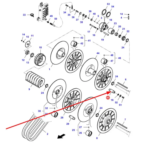 Oryginalny trzpień wariatora o numerze katalogowym LA300132070, stosowany w kombajnach zbożowych marki Massey Ferguson, Fendt. Challenger, Laverda schemat.