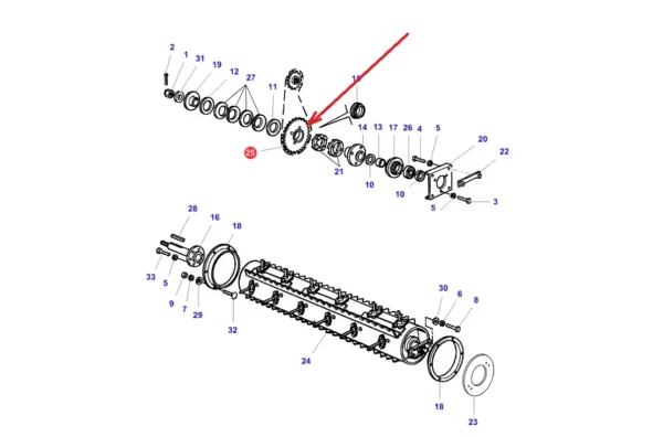 Oryginalne koło zębate o numerze katalogowym LA300132386, stosowane w kombajnach zbożowych marek Massey Ferguson, Fednt i Challenger. schemat