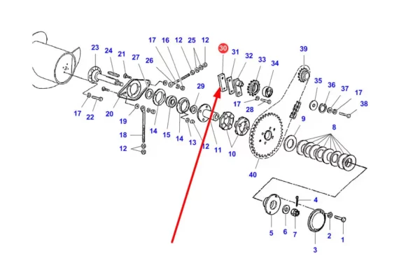 Oryginalny uchwyt napinacza łańcucha przenośnika slimakowo palcowego o numerze katalogowym LA300132701, stosowany w kombajnach zbożowych marek Massey Ferguson, Fendt, Challeger i Laverda. schemat