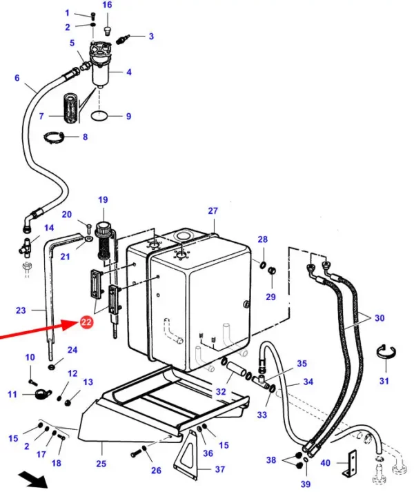 Oryginalny wskaźnik poziomu oleju w zbiorniku hydrauliki o numerze katalogowym LA311841100, stosowany w kombajnach zbożowych marek Massey Ferguson, Fendt, Challenger oraz Laverda- schemat.