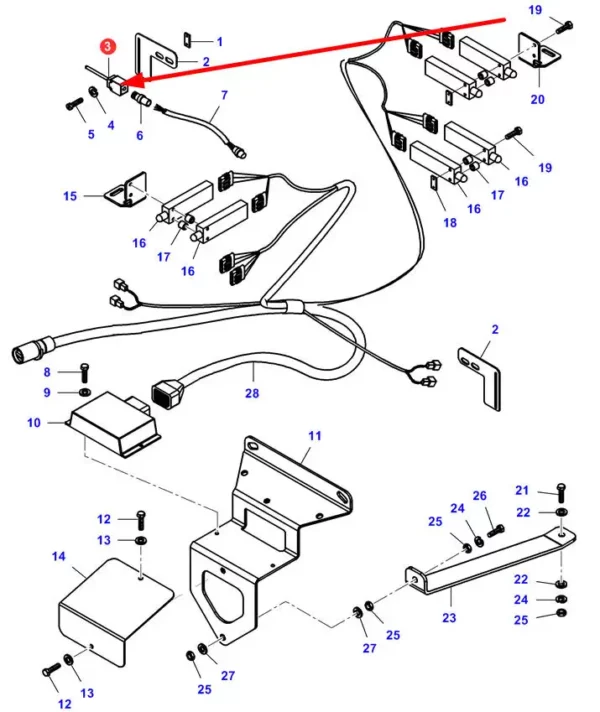 Oryginalny czujnik przewodu hydraulicznego o numerze katalogowym LA313599000, stosowany w kombajnach zbożowych marki Massey Ferguson, Fendt oraz Challenger schemat.