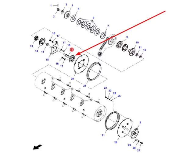 Oryginalny wał bębna wciagającego podajnika pochyłego o numerze katalogowym LA320895850, stosowany w kombajnach zbożowych marek Massey Ferguson, Fendt, Challenger i Laverda. schemat