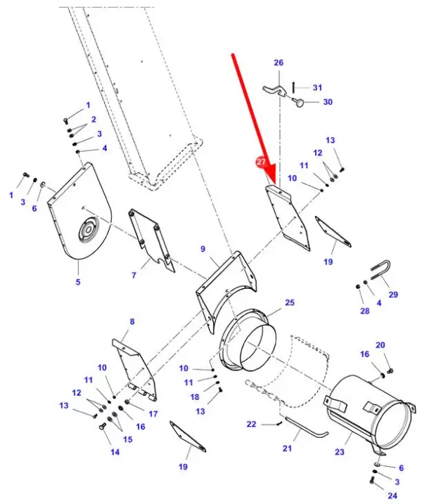 Oryginalna pokrywa elewatora plew o numerze katalogowym LA321850250, stosowana w kombajnach zbożowych marki Fendt, Laverda oraz Massey Ferguson schemat.