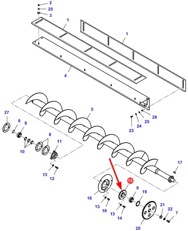 Oryginalny wieszak ślimakowy rozładunku zbiornika ziarna o numerze katalogowym LA321853450, stosowany w kombajnach zbożowych marki Fendt oraz Massey Ferguson schemat.