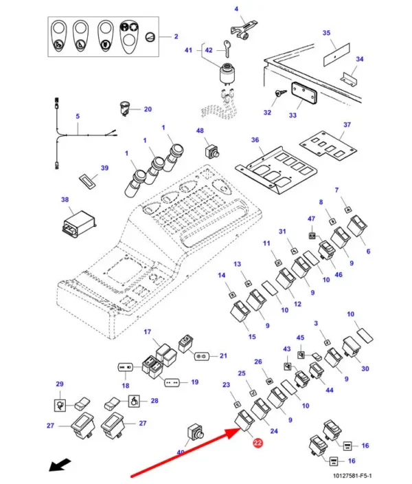 Oryginalny przełącznik uniwersalny o numerze katalogowym LA321862800, stosowany w kombajnach zbożowych marki Fendt oraz Massey Ferguson schemat.