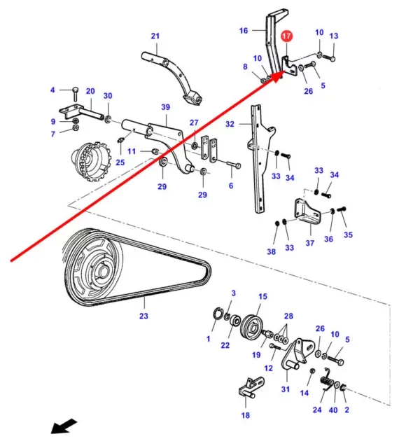 Oryginalny uchwyt mechanizmu cofania przenośnika pochyłego o numerze katalogowym LA321865450, stosowany w kombajnach zbożówych marek Massey Ferguson, Fendt, Challenger, Laverda schemat.