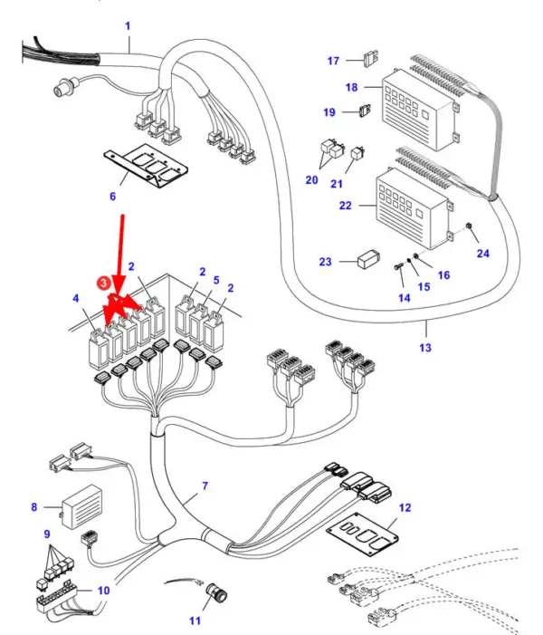 Oryginalny przekaźnik elektryczny o numerze katalogowym LA321907650, stosowany w kombajnach zbożowych marek Challenger, Fendt, Laverda oraz Massey Ferguson schemat.