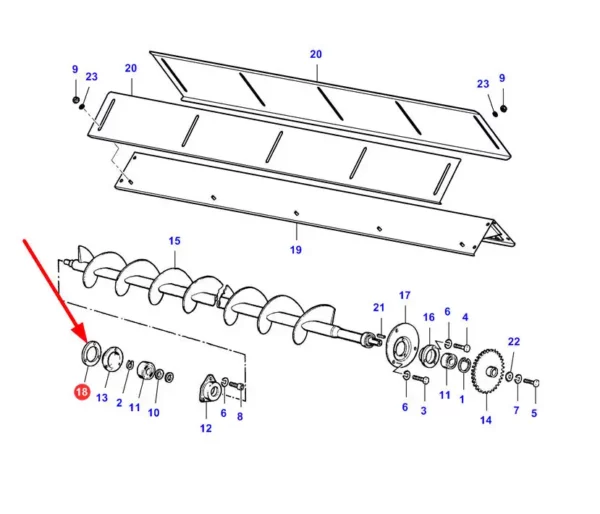 Oryginalna podkładka świdra rozładunku ziarna o wymiarach  R78-122 X 3mm i numerze katalogowym LA321944750, stosowana w kombajnach zbożowych marek Challenger, Fendt, Laverda oraz Massey Ferguson schemat.