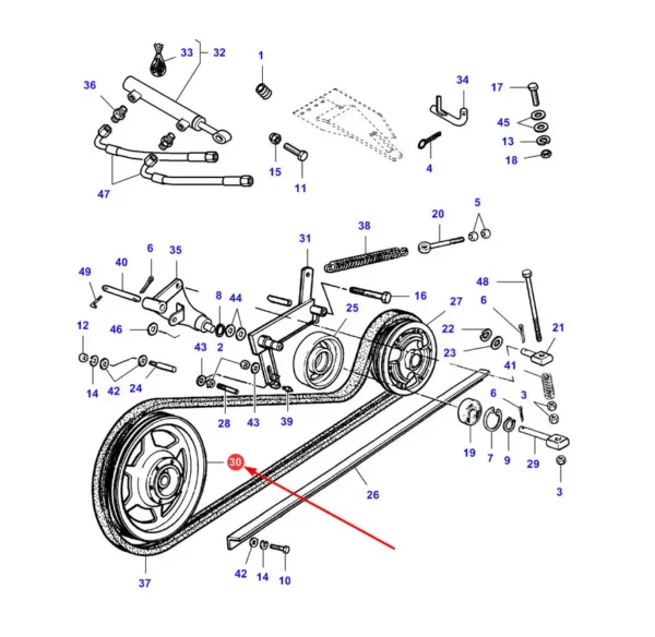 Oryginalne koło pasowe o numerze katalogowym LA321950550, stosowane w kombajnach zbożowych marek Massey Ferguson, Laverda, Fendt oraz Challenger.-schemat