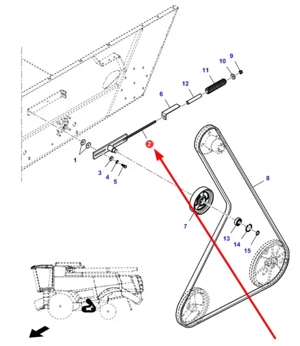 Oryginalny napinacz o numerze katalogowym LA322002350, stosowany w kombajnach zbożowych marek Massey Ferguson, Fendt, Laverda, Challenger schemat.