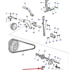 Oryginalny wspornik napinacza paska biegu wstecznego podnośnika o numerze katalogowym LA322041150, stosowany w kombajnach zbożowych marek Challenger, Fendt, Laverda oraz Massey Ferguson schemat.