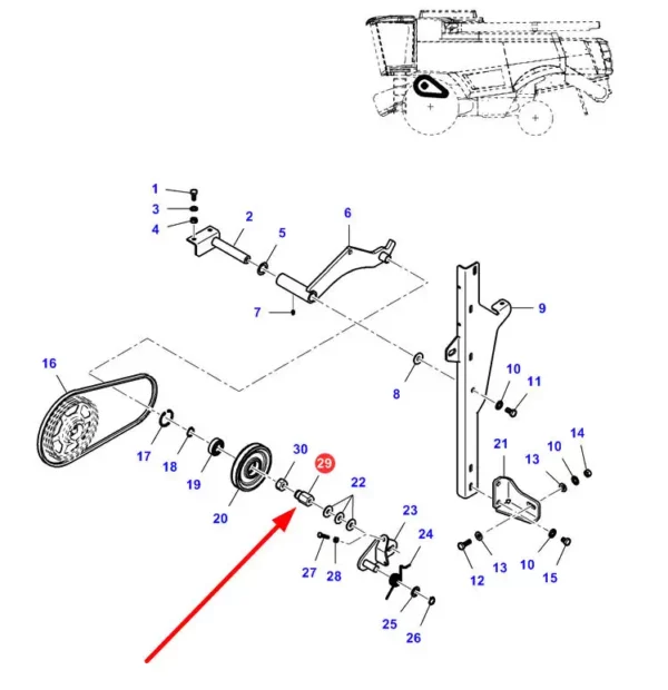 Oryginalny wkrętk koła napinacza, montowany w młócarni, stosowany w kombajnach zbożowych marki Chellenger, Fendt, Laverda oraz Massey Ferguson schemat.