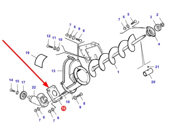 Oryginalne mocowanie ślimaka  napełniania zbiornika ziarna, stosowane w kombajnach marki Challenger, Fendt oraz Massey Ferguson schemat.