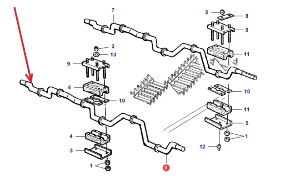Oryginalny wał wytrząsaczy o numerze katalogowym LA322125850, stosowany w komabjanch zbożowych marek Massey Ferguson, Fendt i Challenger. schemat