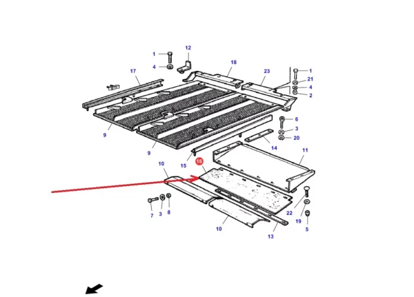 Oryginalna osłona podsiewacza sit z tworzywa sztucznego o numerze katalogowym LA322143450, stosowana w kombajnach zbożowych marek Massey Ferguson, Fendt i Challenger. schemat